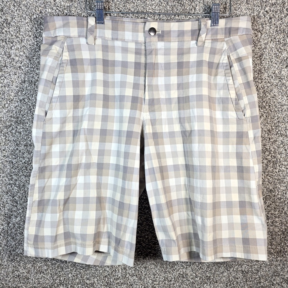 Lululemon‎ Commission Men Sz 36 GRAY BEIGE plaid shorts 10.5"